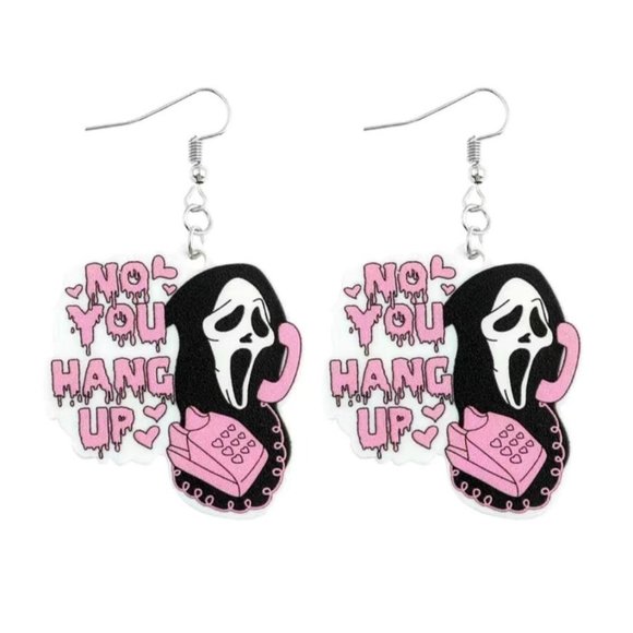 HORROR Scream Halloween Valentine You Hang Up Drop Earrings NEW - Picture 1 of 3